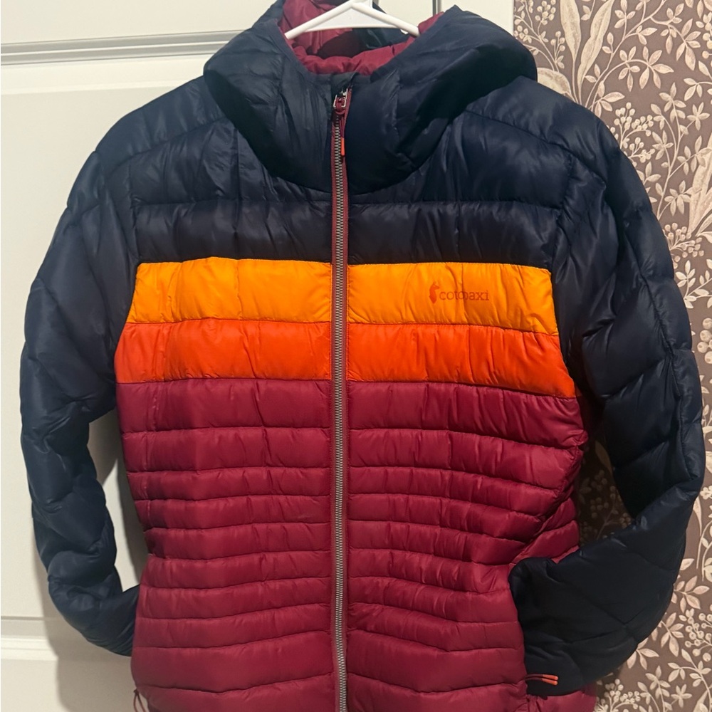 Cotopaxi Women’s Puffer Navy, Orange & Burgundy Colorblock Jacket